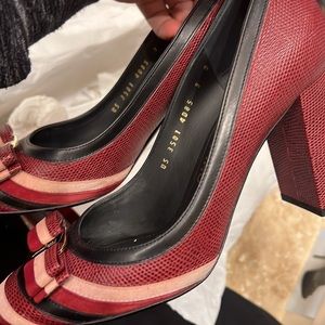 Ferragamo chunky heel burgundy pink black and gold with bow